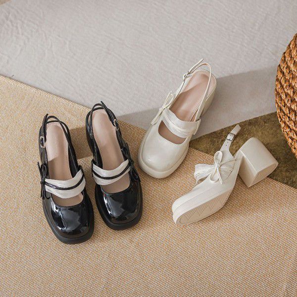 Summer New Bow Knot Shallow Mouth Mary Jane Single Shoe Women's Gentle Style Thick Root Round Head Back Hollow High Heels 
