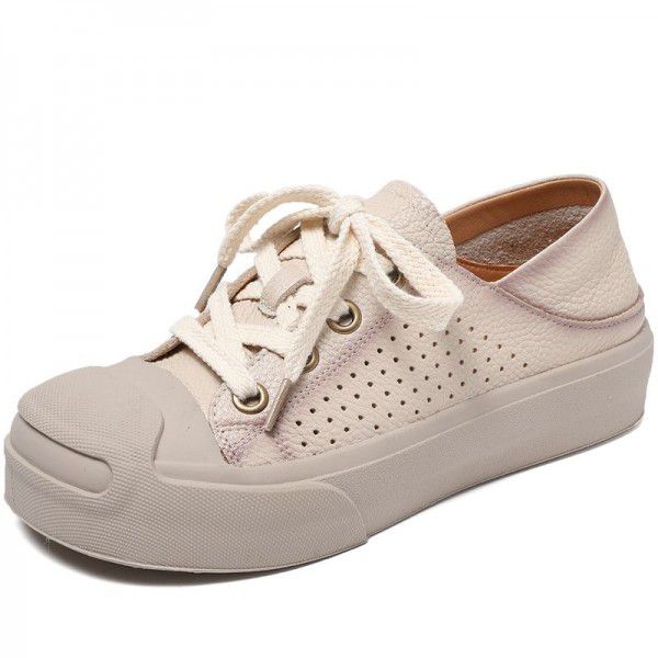 Thick soled casual board shoes for women's spring and summer new hollow hole shoes, genuine leather versatile single shoes, two pairs of lazy half slippers 