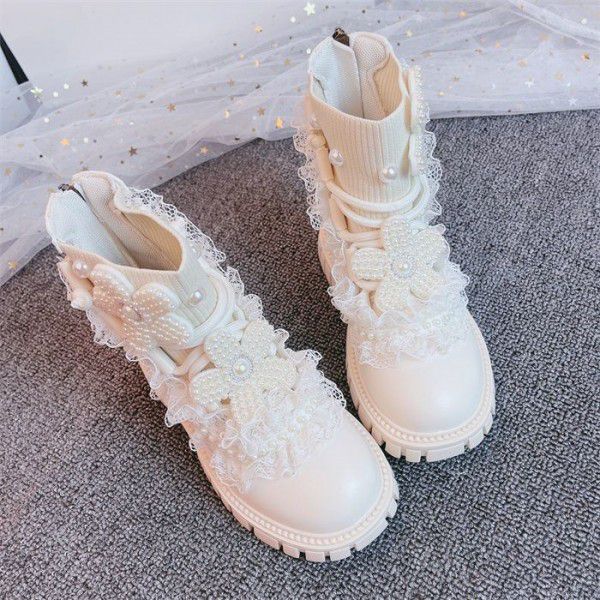 Girls' Martin Boots Spring Autumn Winter Lace Pearl Socks Boots Children's Short Boots Boots 