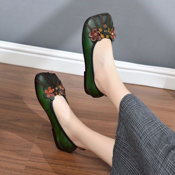 New Niupisen Series Women's Single Shoes Handmade Soft Sole Round Head Small Floral Contrast Color Single Shoes 