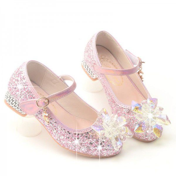 Children's high heels, spring and autumn seasons, little girls' shallow mouth single shoes, princess high heels, crystal shoes, girls' leather shoes 