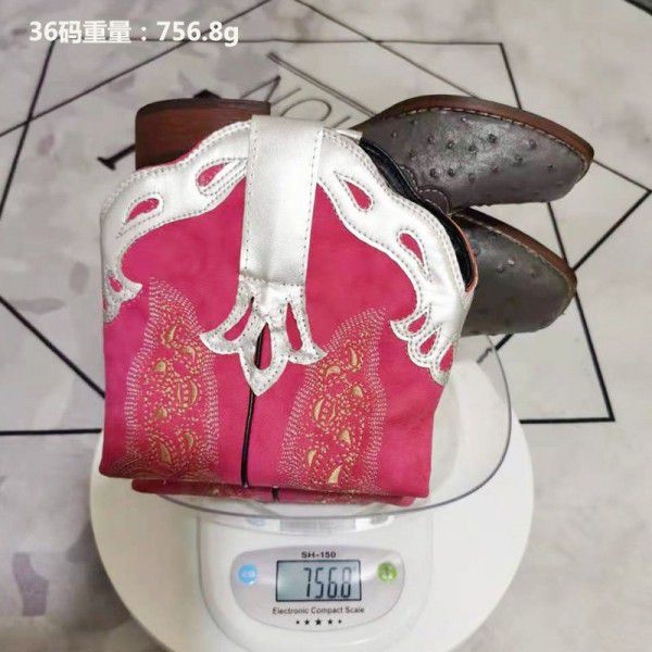 Women's boots, autumn and winter new leather boots, square toe thick heels, colorful patterned knight boots 