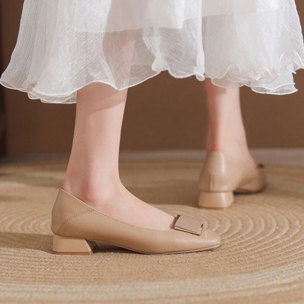 New square toe thick heel genuine leather single shoes for women's OL professional work shoes, high heels, sheepskin shallow mouth women's shoes 