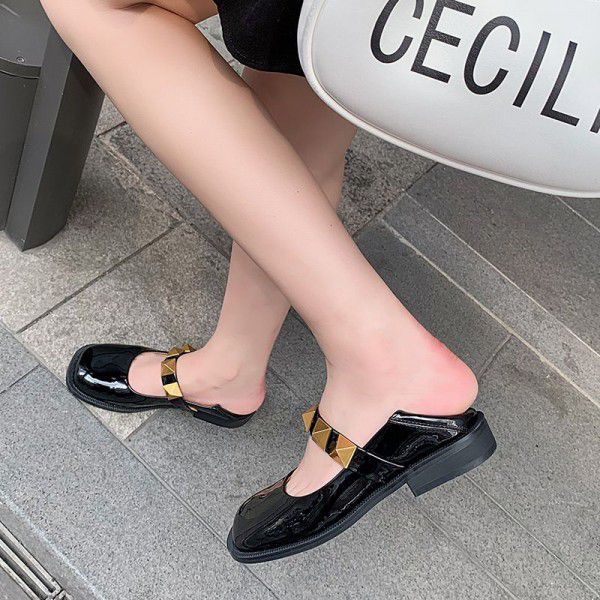 New Cowhide Square Head Single Shoes for Women's Spring and Autumn Retro Genuine Leather Riveted Small Leather Shoes for Women's French JK Mary Jane Women's Shoes 