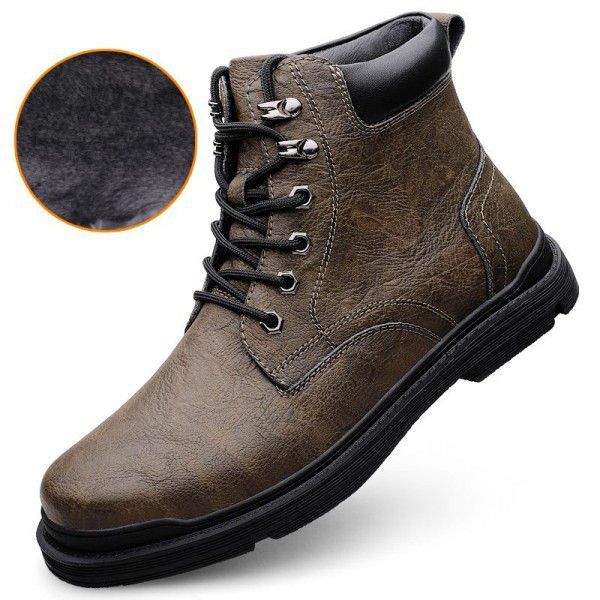 Autumn and Winter High Top Lace up Leather Splice Casual Boots for Men's Retro Fashion Thick Bottom Work Wear Shoes and Boots Trend for Men 