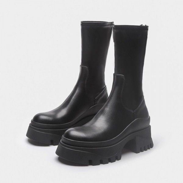 Winter New Versatile Popular Thick Sole Martin Boots Women's Tall and Slim Shoes Thick Heel Elastic Boots Show Slim Short Boots 