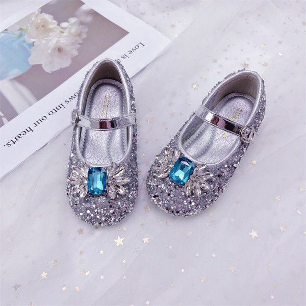 Girls' Crystal Shoes Spring New Aisha Princess Shoes Shiny Baby Little Leather Shoes Fashionable Soft Sole Single Shoes 