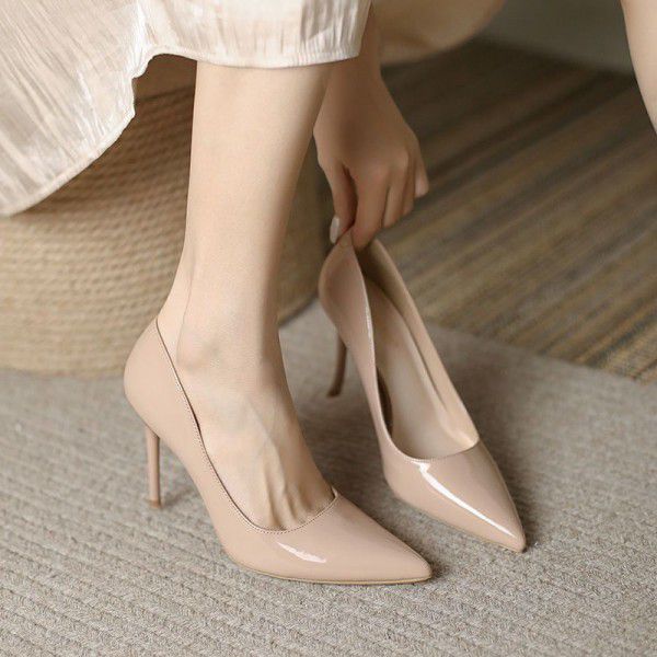 Spring New High Heels Women's Lacquer Leather French Single Shoes Pointed Toe Shallow Mouth Professional Slim Heels Work Shoes 