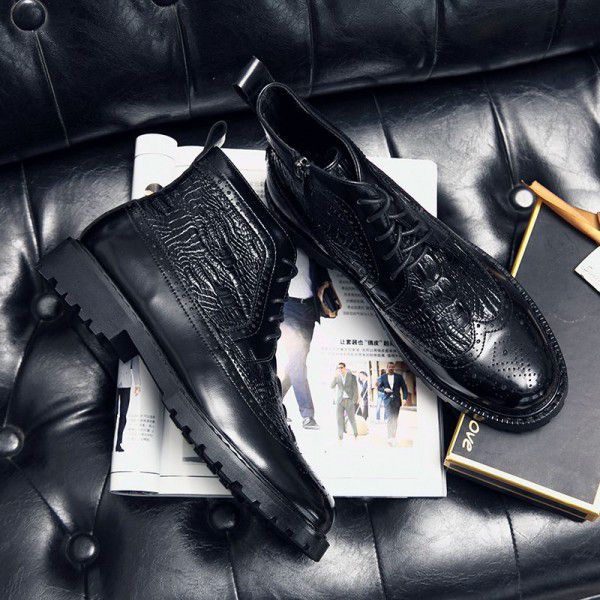 Men's high top leather shoes, British style warm mid top Martin boots, autumn shoes, new Korean casual trendy shoes 