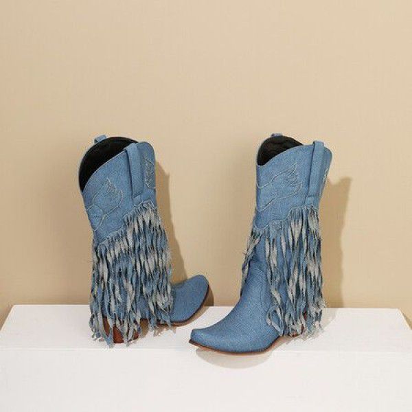 Vintage medium heel high boots Denim tassel boots women's boots 
