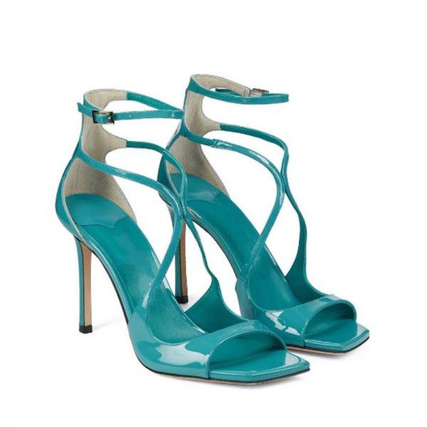 New Square Head Fish Mouth Ultra High Heel Cross Strap Thin High Heel Large Hollow Sandals for Women 