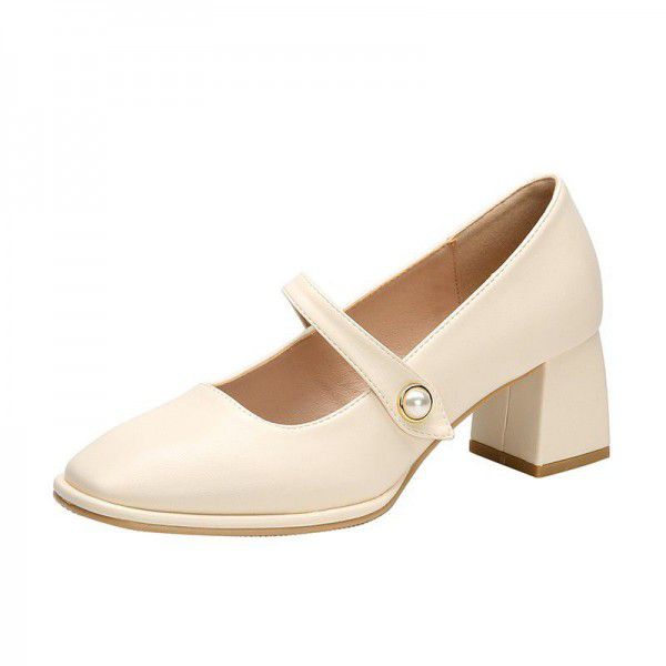 French Mary Jane Shoes Women's White One Button Thick Heel Single Shoes Retro Square Headed Middle Heel Grandma Shoes Gentle and Versatile 