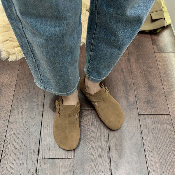 Boken shoes, women's genuine leather, autumn and winter new French lazy person, one foot soft sole, retro outer wear, casual single shoes 