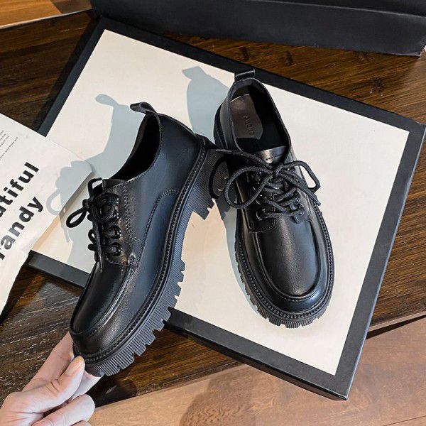 Thick soled small leather shoes for women, new British style slimming and versatile lace up single shoes, thick heel cowhide loafers 