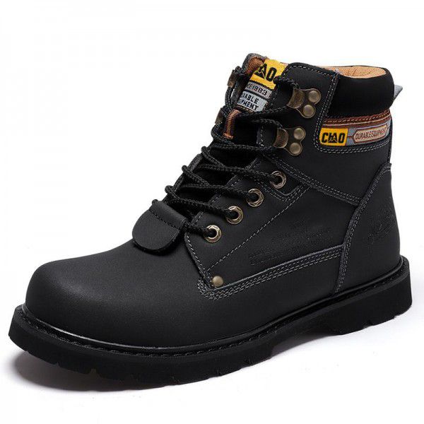 Men's Martin boots, large toe work attire boots, round toe tie up, flat bottomed leather outdoor hiking shoes, couples, black boots, spring 