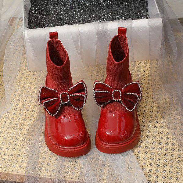 Girls' short boots=new autumn and winter bow knot children's princess single boot soft sole baby socks leather boots 