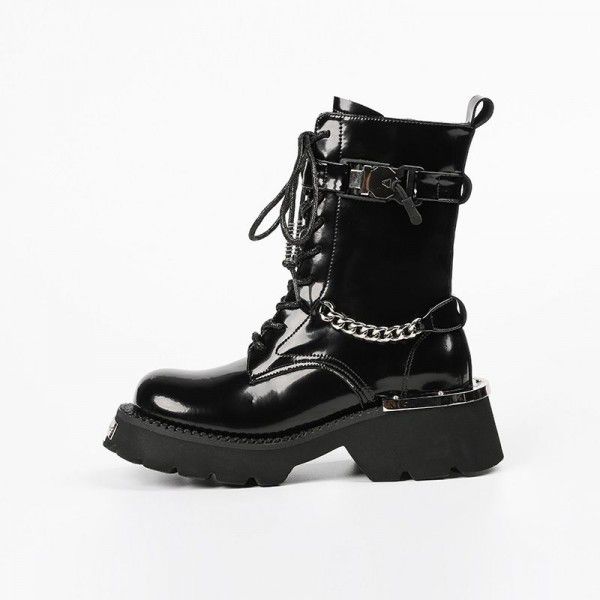 Genuine leather short boots for women with thick soles, new Martin boots with round head tie up mesh, red tide leather boots, metal side zipper 