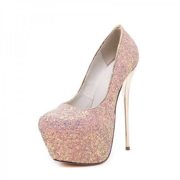 High heels, slim heels, versatile and fashionable women's shoes, sequins, waterproof platform, shallow cut women's single shoes 