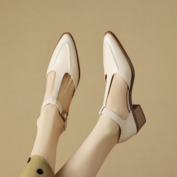 Spring/Summer New Pointed Big Heel Baotou Heel T-shaped Buckle Strap Sandals 