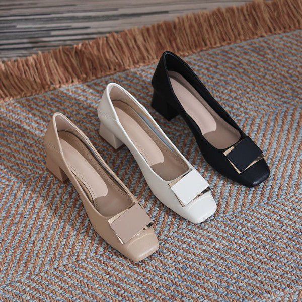 New square toe thick heel genuine leather single shoes for women's OL professional work shoes, high heels, sheepskin shallow mouth women's shoes 