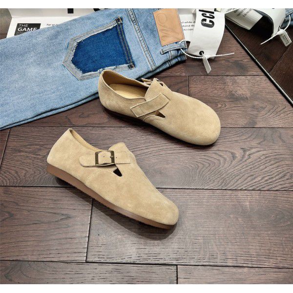 Boken shoes, women's genuine leather, autumn and winter new French lazy person, one foot soft sole, retro outer wear, casual single shoes 