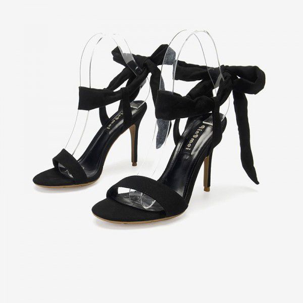 New style one line suede bow tie super high heels, slim heels, sandals, women's summer 