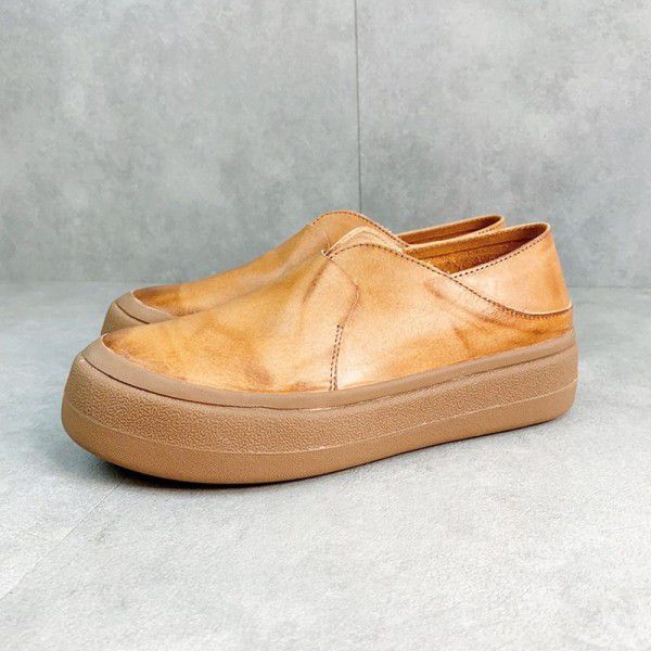 Spring New Handmade Genuine Leather Women's Shoes Sen Series Vintage Style Round Head Comfortable Matsutake Thick Sole Literary Single Shoes for Women 