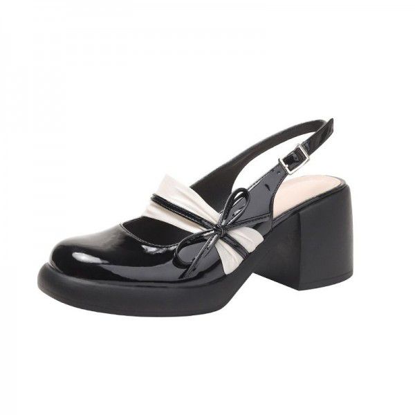 Summer New Bow Knot Shallow Mouth Mary Jane Single Shoe Women's Gentle Style Thick Root Round Head Back Hollow High Heels 