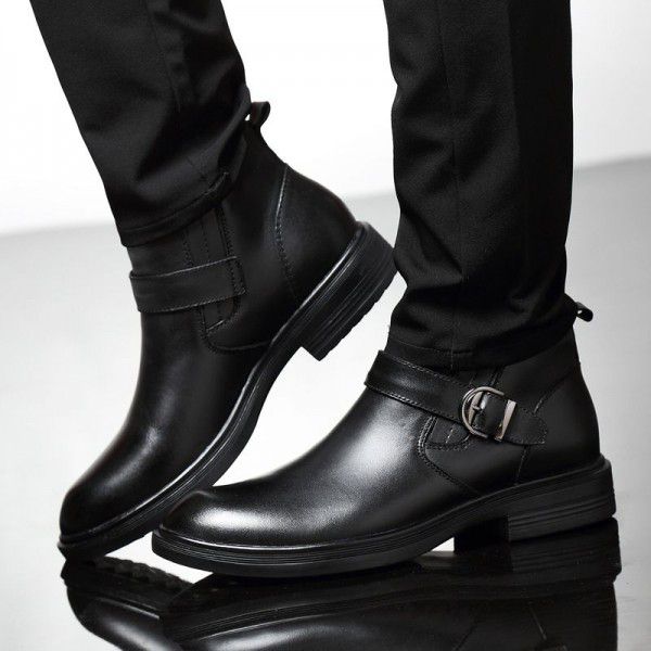 Men's leather boots, new top layer cowhide black high cut Martin boots, men's business casual plush short boots 