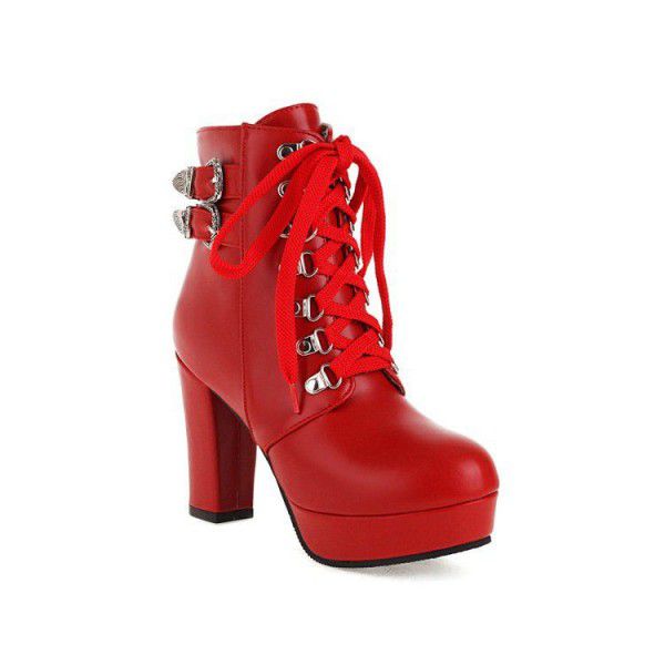 Autumn Thick High Heels Short Boots Women's Boot Rivet Belt Buckle Large 