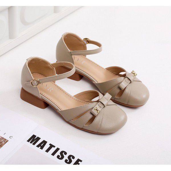 Women's Summer Single Shoes New Genuine Leather Hollow Shallow Mouth Women's Shoes Round Toe Thick Heels Casual Mesh Breathable Women's Sandals 