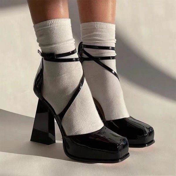 Black waterproof platform ultra-high heel sandals ...