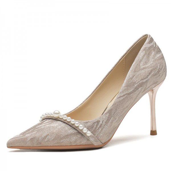 High Heel Women's Fine Heels Winter New Crystal Bridal Wedding Shoes Pointed Toe Shallow Mouth Pearl Single Shoes 