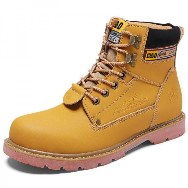 Men's Martin boots, large toe work attire boots, round toe tie up, flat bottomed leather outdoor hiking shoes, couples, black boots, spring 
