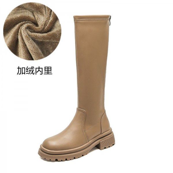 Plush autumn and winter new women's boots with thick heels, thick soles, and high sleeves, chivalrous boots that are below the knee and appear slim in English style, women's boots 