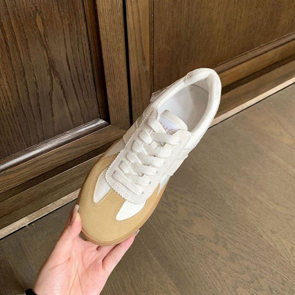 Genuine leather thick sole color matching casual sports shoes, board shoes, women's moral training shoes 
