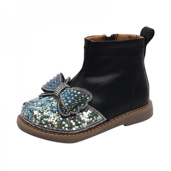 Girls' Martin Boots, Diamonds, Sequins, Bow Ties, Princess Leather Boots, Autumn and Winter New Children's Boots, Low Barrel Short Boots 
