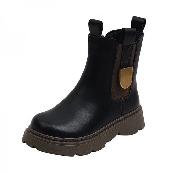 Girls' Martin Boots Genuine Leather Black Mid Sleeve Short Boots Autumn New Children's Boots British Style Metal Fashion Boots 