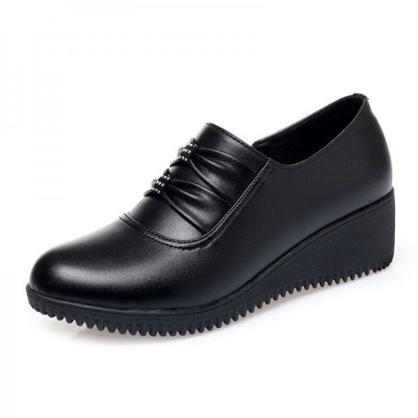 Spring and Autumn Soft Sole Women's Genuine Leather Comfort Slope Heel Shoes with Plush Leather Shoes 