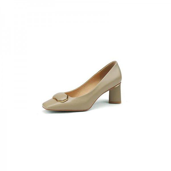 Sheepskin high heels, thick heels, square toe, cow tendon soles, commuting women's single shoes 