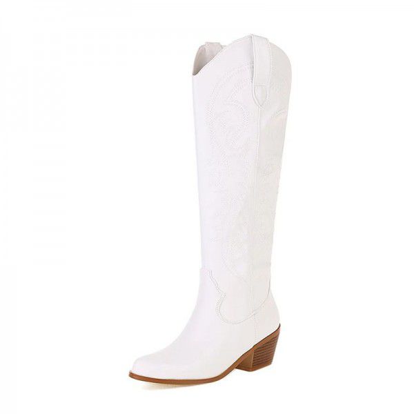 White long boots, women's retro thick heels, pointed embroidery, V-neck knight boots, slimming Western boots 