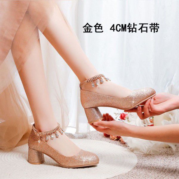 Silver single shoe women's dress with round toe high heels 