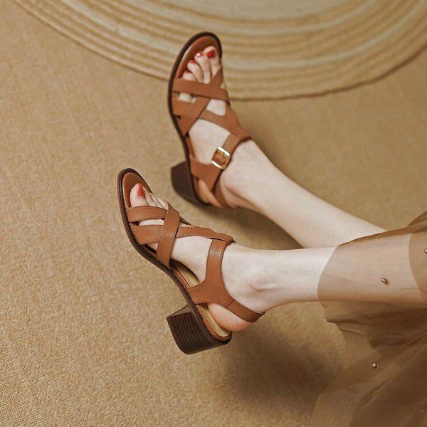Spring/Summer Roman Style Retro Belt Buckle Thick Heel Women's Sandals Casual Full Leather Commuter Mid High Heels 