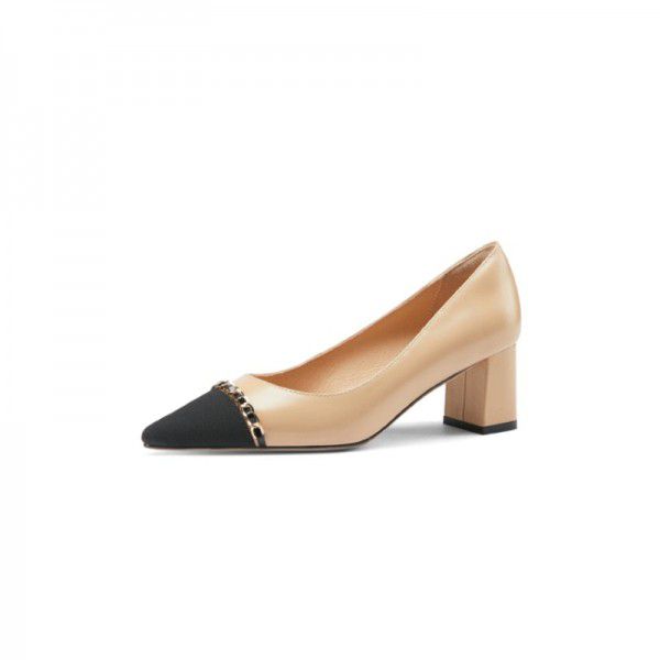 Spring New Small Fragrant Style Single Shoes Women's Shallow Mouth Pointed Tip Colored Thick Heel Metal Chain Fashion 
