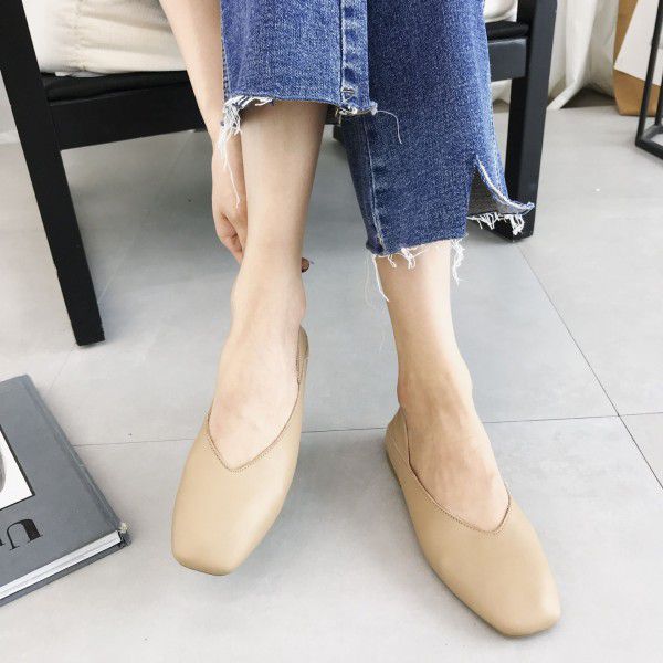 New flat sole single shoe women's soft leather simple shallow mouth square toe grandma shoes casual retro one foot lazy shoes 