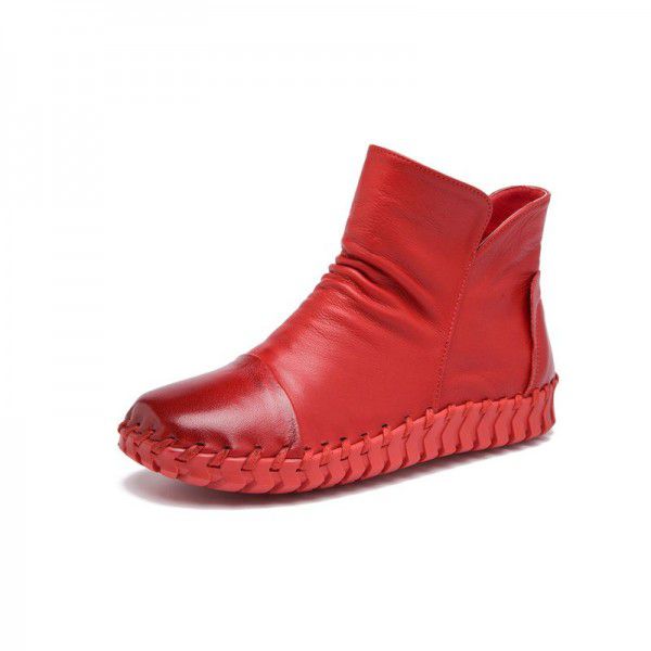 Autumn New Genuine Leather Short Boots Casual Flat Bottom Versatile Round Head Leather Boots 