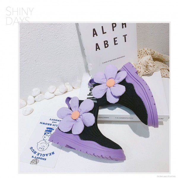 Girls' sock shoes, children's elastic knitted boots, fashionable and versatile short boots, baby single shoes 
