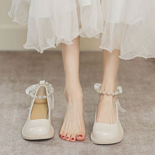 Early Spring New White Mary Jane Single Shoes, Feminine Style, Versatile Pearl Buckle, Thick Heels, Shallow Mouth, High Heels, Female 