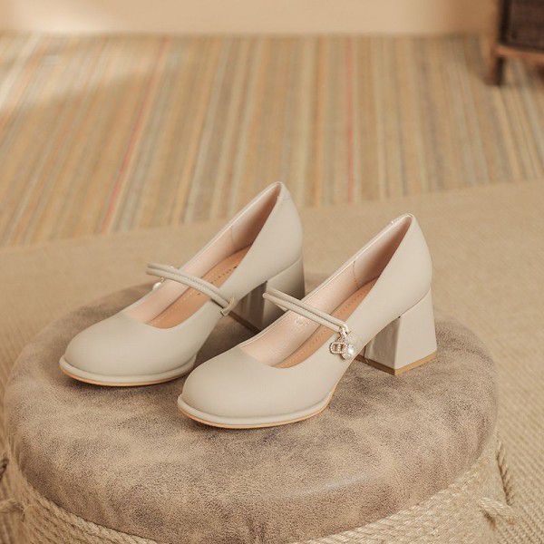 French Marilyn Women's Shoes Spring and Autumn New Waterproof Platform High Heel White Single Shoes Thick Heel Round Toe Small Leather Shoes 