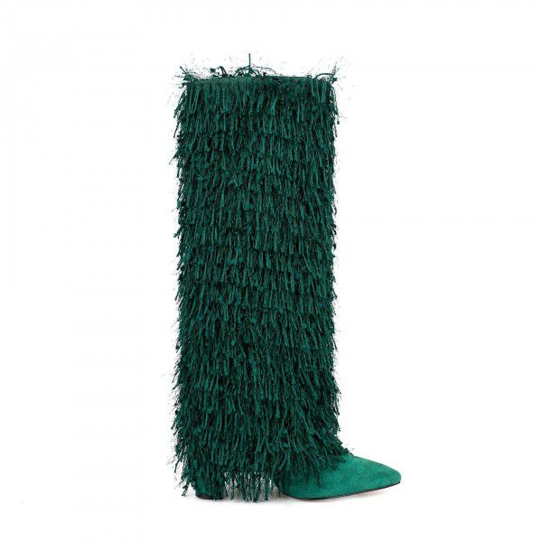 New Autumn and Winter Women's Fashion Tassel Sleeve Boots with Thickened Heels and Silver Tassel Boots Long Boots 